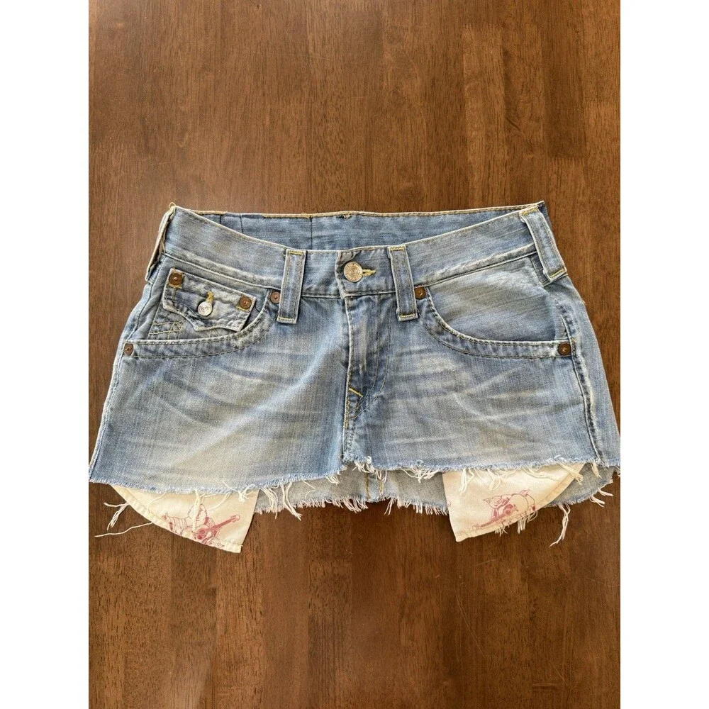 Y2K True Religion Cutoff Mini Skirt Cyberpunk Rocker Denim Low Rise repurposed